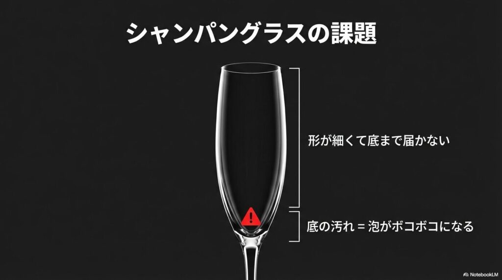 シャンパングラスの底の汚れは泡がボコボコになる原因