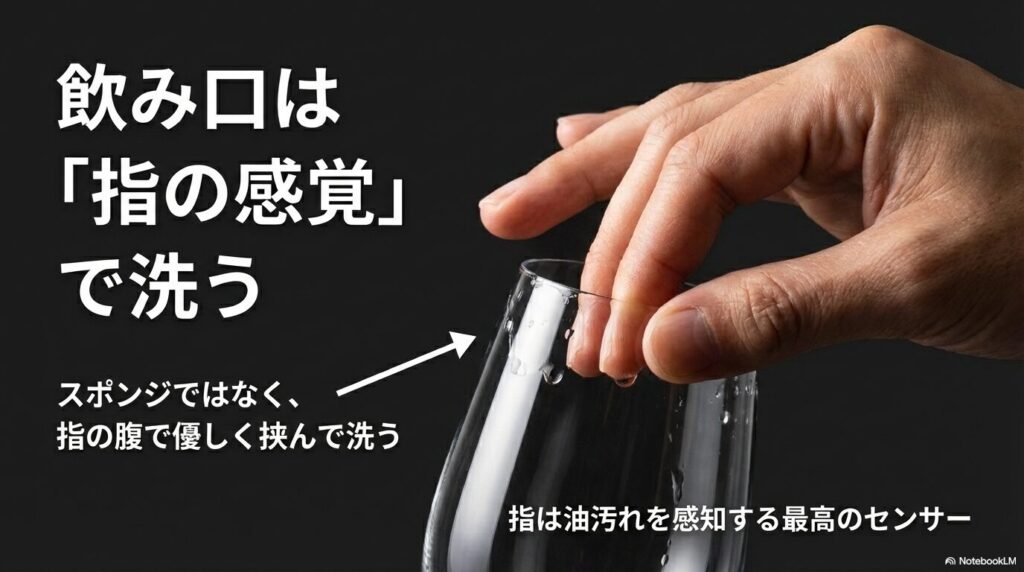 ワイングラスの飲み口はスポンジではなく指の腹で優しく挟んで洗う