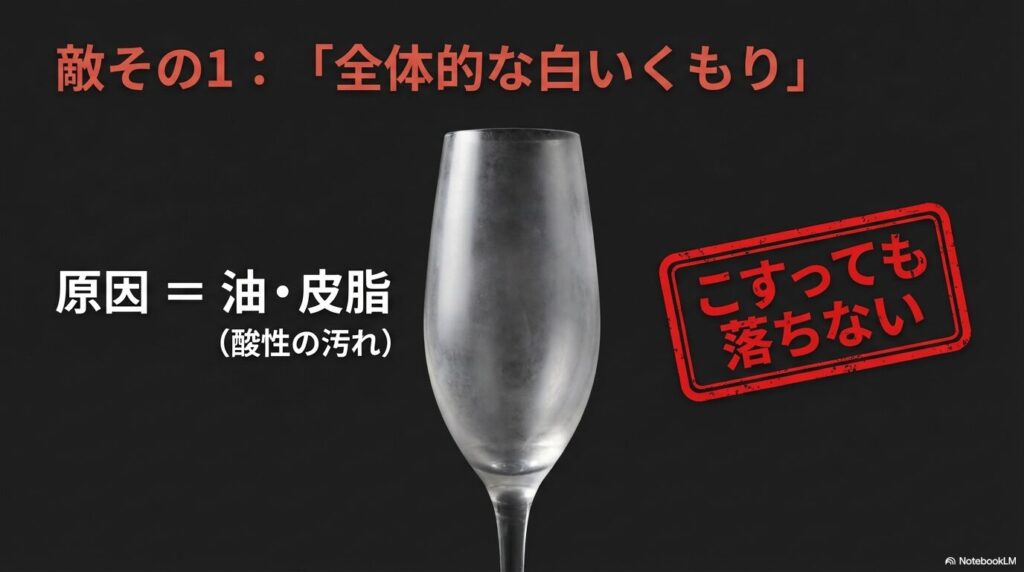 ワイングラスの全体的な白いくもりの原因は酸性の油・皮脂汚れ