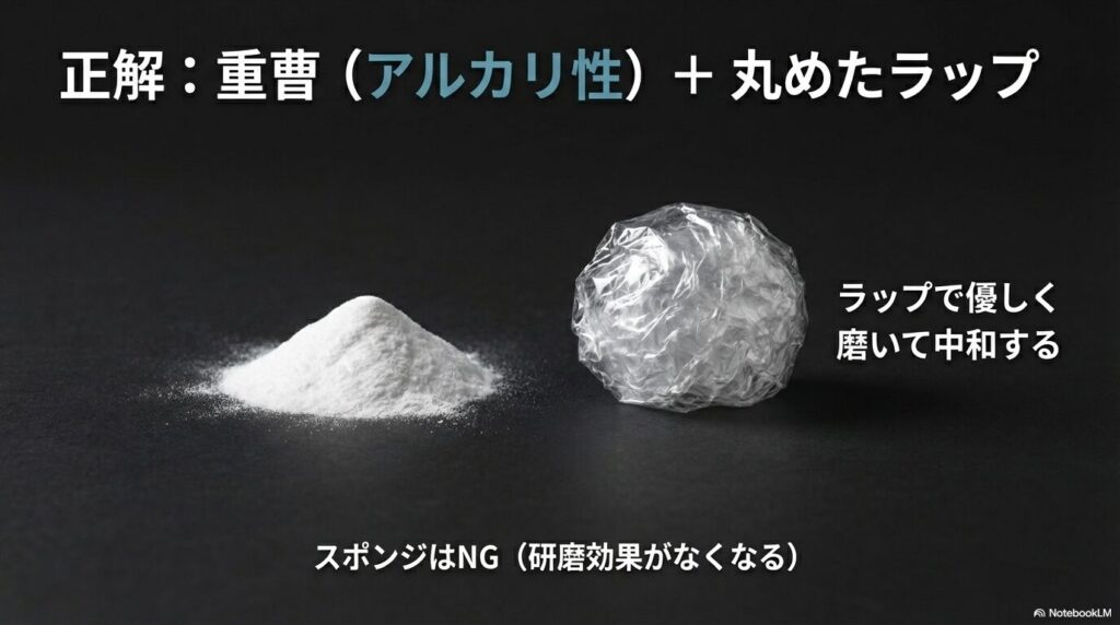 白いくもり汚れの正解は重曹と丸めたラップで優しく磨くこと