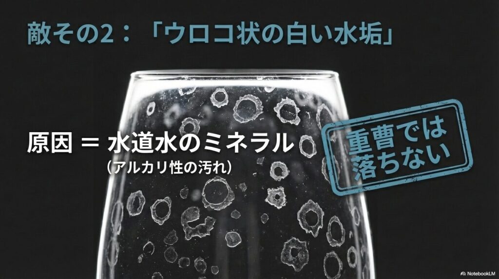 ワイングラスのウロコ状の白い水垢の原因はアルカリ性の水道水ミネラル