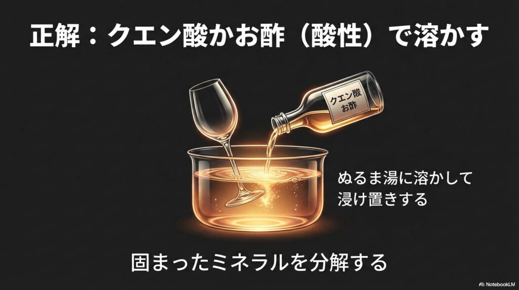 水垢の正解はクエン酸やお酢をぬるま湯に溶かして浸け置きすること