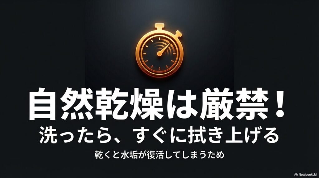 自然乾燥は厳禁!洗ったら水垢が復活する前にすぐに拭き上げる