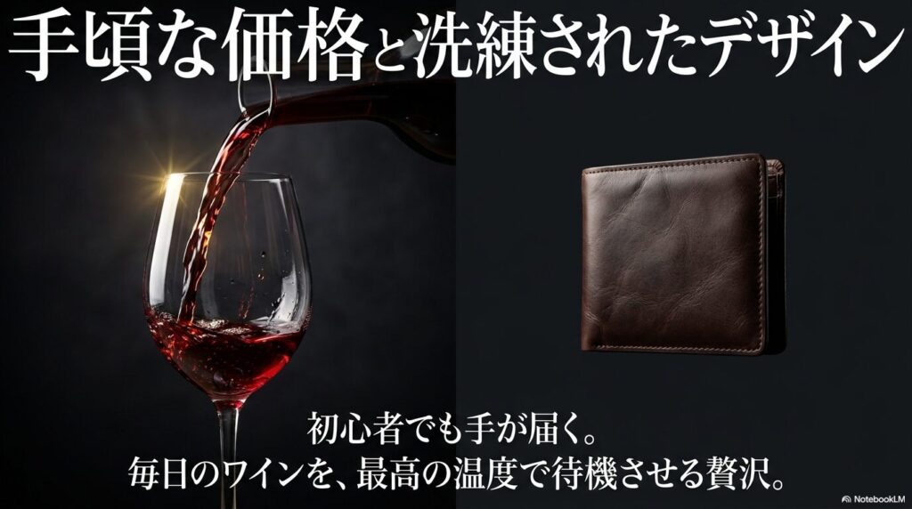 手頃な価格と洗練されたデザイン。初心者でも手が届き、毎日のワインを最高の温度で待機させる贅沢