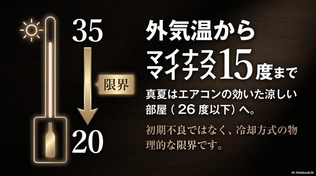 冷却は外気温から限界15度まで。真夏は26度以下の涼しい部屋へ置くこと