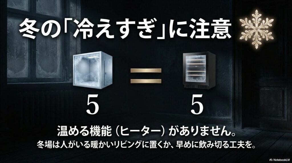 温めるヒーター機能はないため、冬の冷えすぎに注意。暖かいリビングに置くなどの工夫を