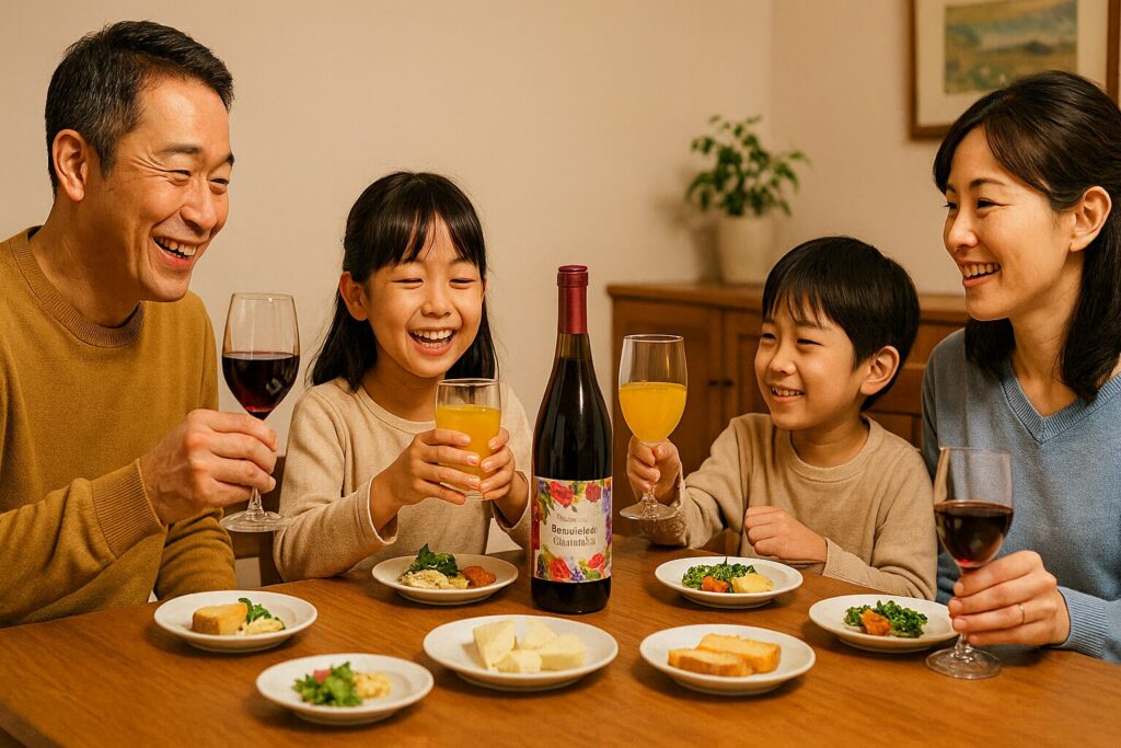 家族が食卓でワインとオレンジジュースを楽しむ