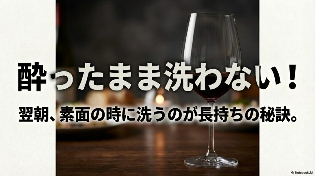 酔ったまま洗わず翌朝に洗うことが長持ちの秘訣であるというアドバイス