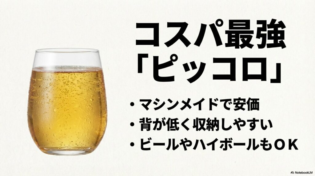 マシンメイドで安価、収納しやすくビールやハイボールにも使えるピッコロの紹介