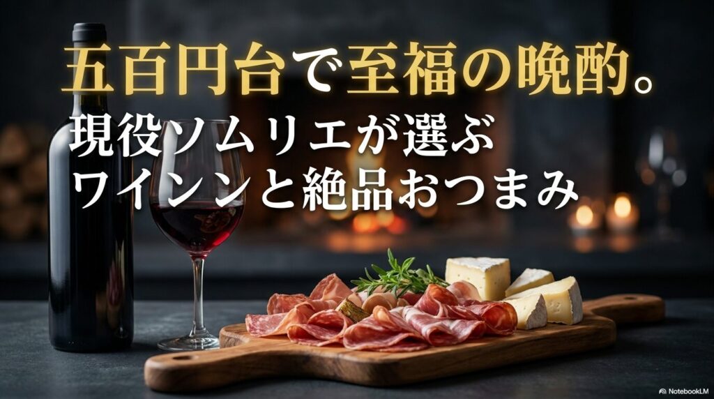 500円台のワインと絶品おつまみで至福の晩酌を提案するタイトルスライド
