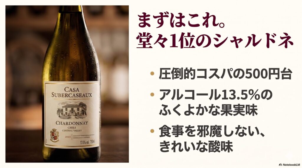 圧倒的コスパでアルコール13.5%のふくよかな果実味を持つ、堂々1位のシャルドネのボトル画像