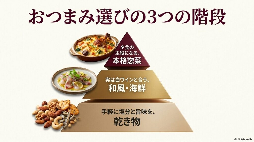 本格惣菜、和風・海鮮、乾き物というワインに合わせるおつまみ選びの3つの階段を示したイメージ画像