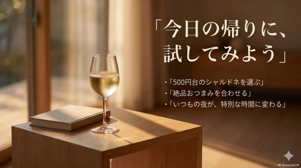 今日の帰りにローソンで500円台のシャルドネと絶品おつまみを合わせて試してみようというメッセージ画像