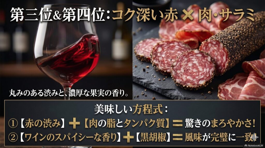 赤ワインの渋みと肉の脂、スパイシーな香りと黒胡椒が調和するペアリングの解説図
