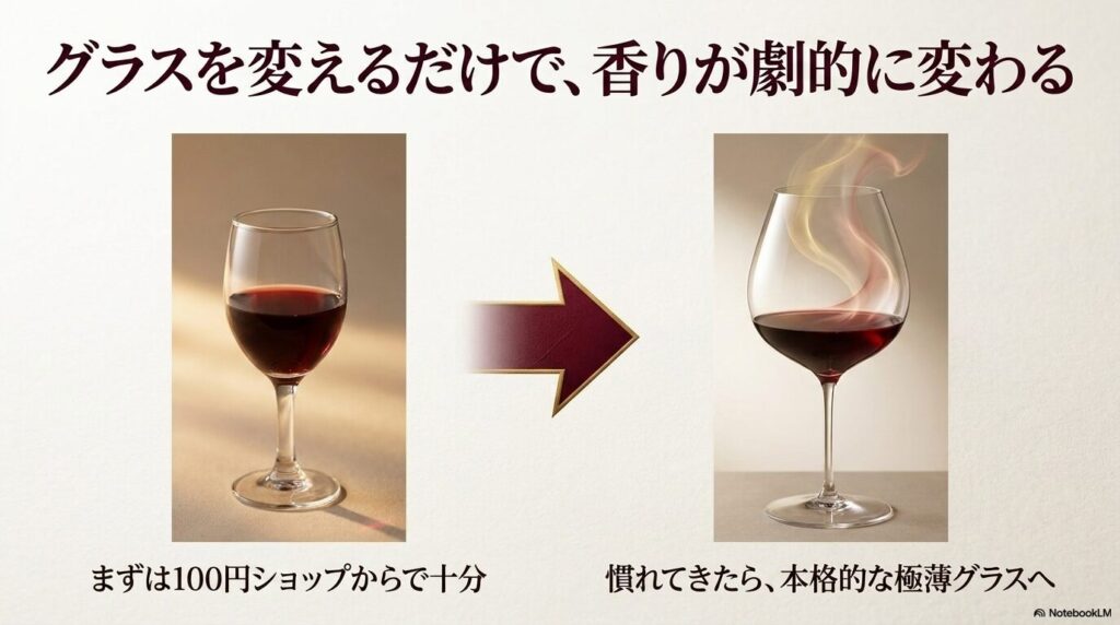 100円ショップのグラスから本格的な極薄グラスへステップアップすることで香りが劇的に変わることを示す画像