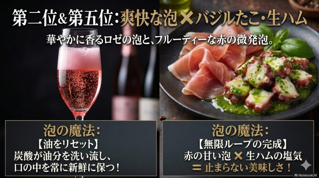 炭酸が油分をリセットし、甘い泡と生ハムの塩気で止まらない美味しさを生み出す図解