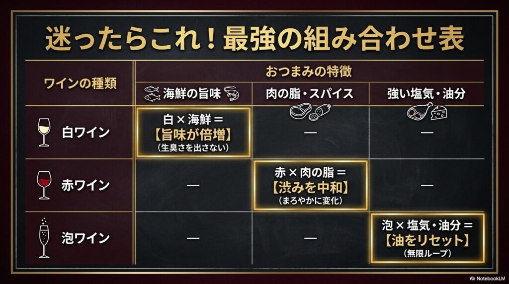 白ワイン、赤ワイン、泡ワインそれぞれに合う海鮮や肉、塩気のあるおつまみの組み合わせ一覧表