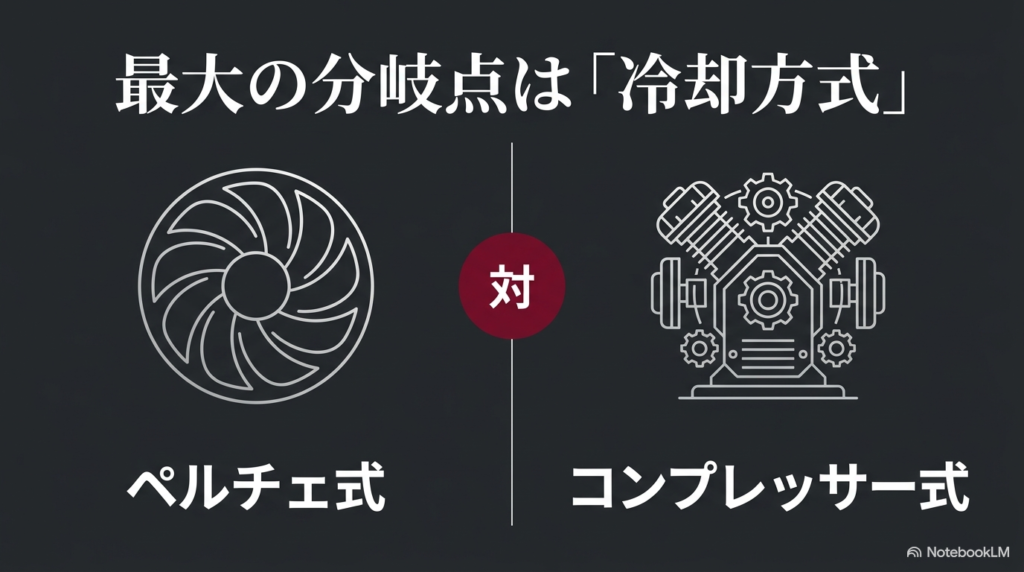 最大の分岐点は「冷却方式」。ペルチェ式とコンプレッサー式のイメージ図
