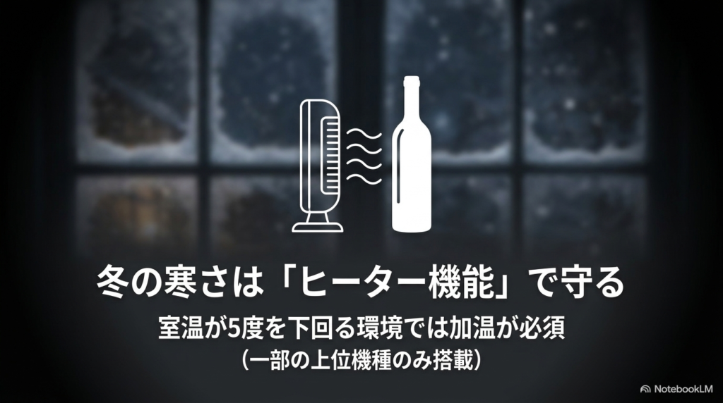 冬の寒さは「ヒーター機能」で守る。室温が5度を下回る環境では加温が必須であることを示す図