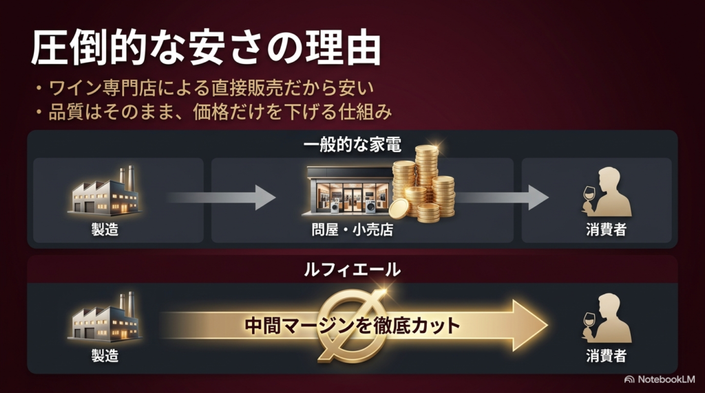 ルフィエールのワインセラーが圧倒的に安い理由は、ワイン専門店による直接販売で中間マージンを徹底カットしているため