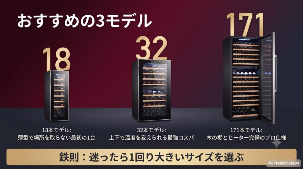 ルフィエールのおすすめ3モデル。薄型の18本モデル、2温度管理の32本モデル、プロ仕様の94本モデル