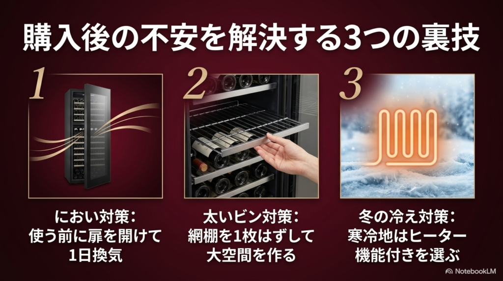 ワインセラー購入後の不安を解決する3つの裏技。1日換気でのにおい対策、網棚外しでの太いビン対策、ヒーター機能での冬の冷え対策