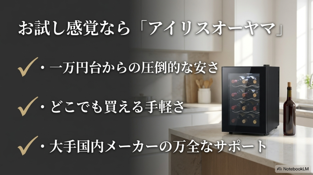 アイリスオーヤマのワインセラーのメリットと、日常用ワインの一時保管に向いていることを説明するスライド