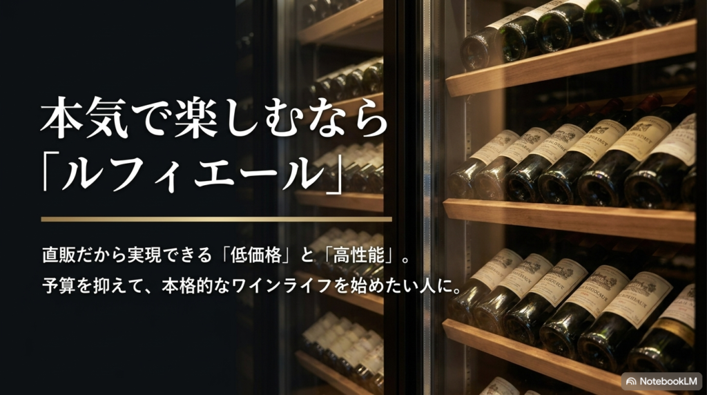 ルフィエールのワインセラーが直販による低価格と高性能を実現し、本格的なワインライフを始めたい人向けであることを説明するスライド