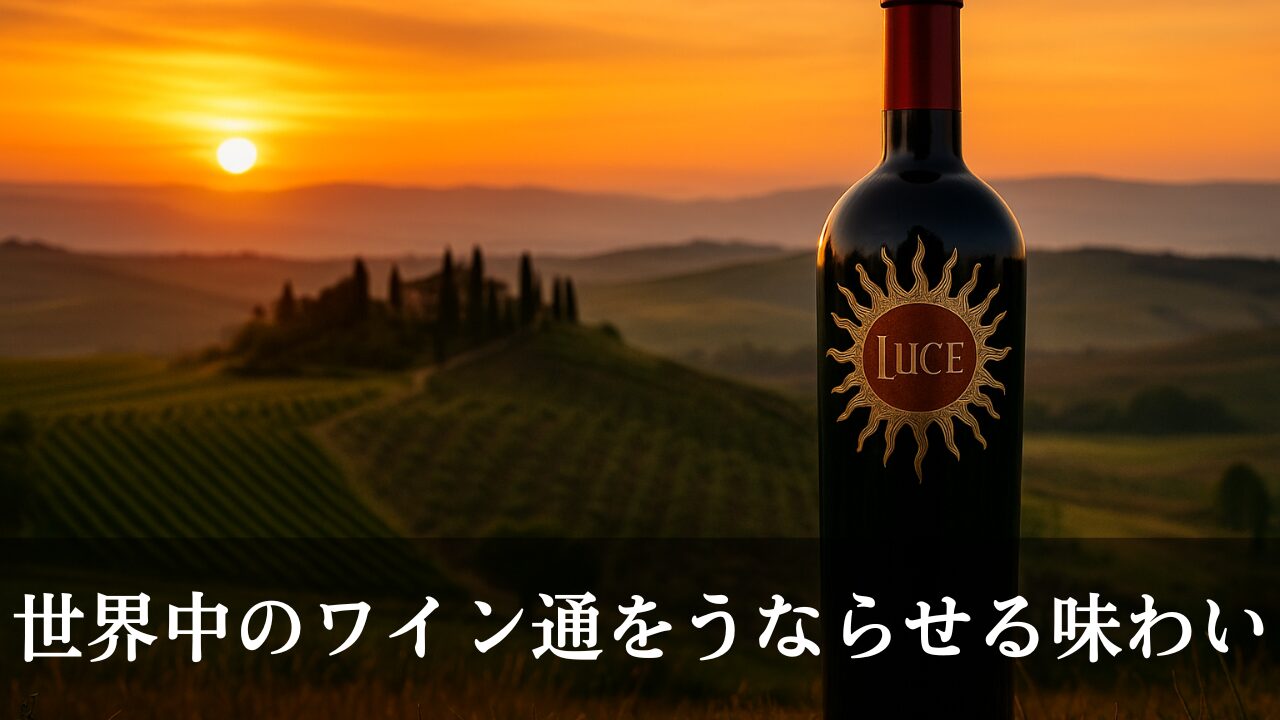 ルーチェワインのボトルとトスカーナの夕景