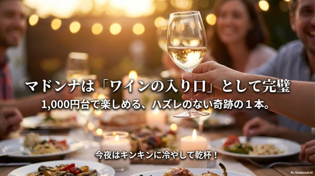 1,000円台で楽しめるハズレのない奇跡の1本として、ワインの入り口にマドンナを推奨するまとめスライド