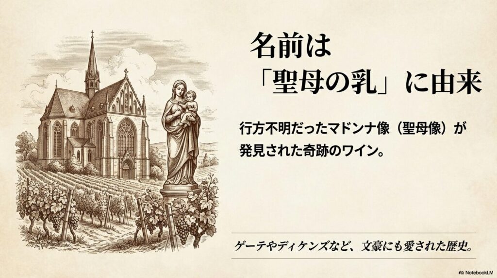 聖母教会のイラストと聖母像。マドンナワインの由来である「聖母の乳」と発見されたマドンナ像の歴史解説