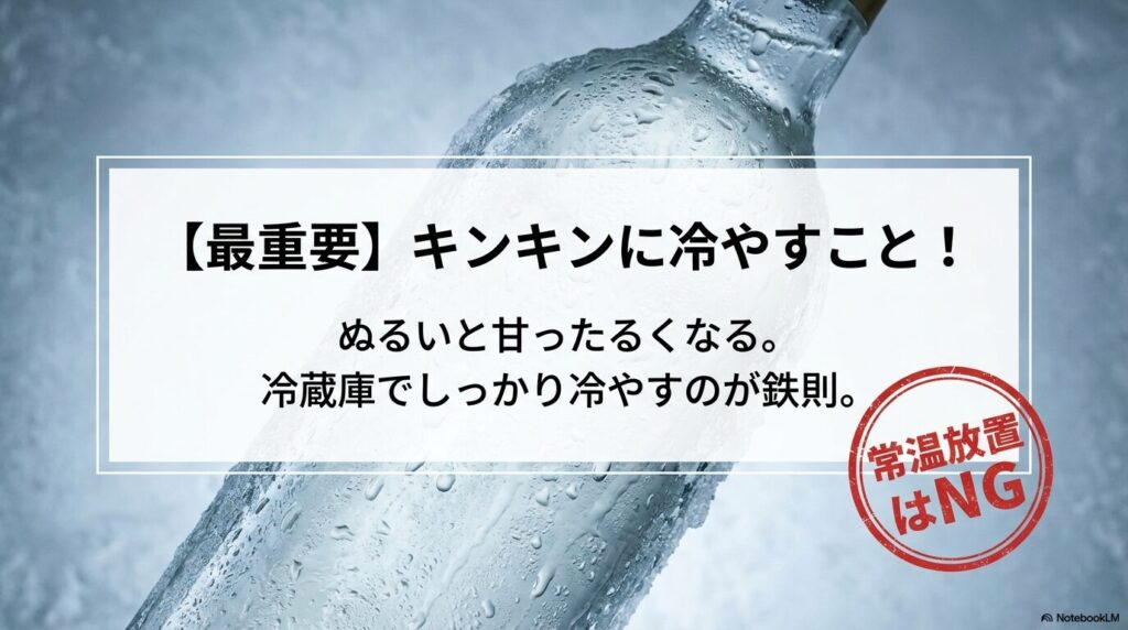 甘ったるさを防ぐために冷蔵庫でしっかり冷やすことの重要性と、常温放置がNGであることの注意喚起