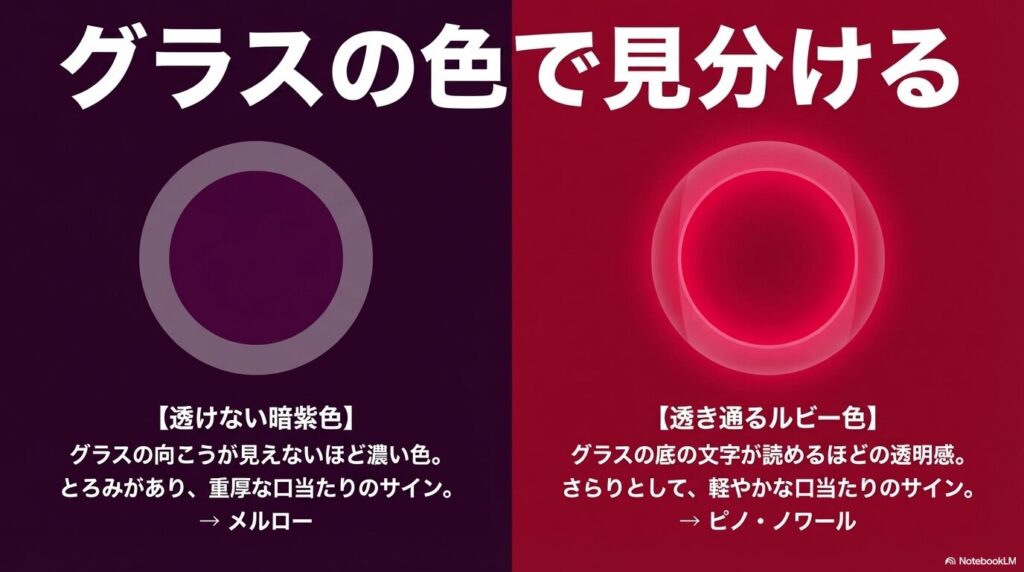 メルローの暗紫色とピノ・ノワールの透き通るルビー色の違い