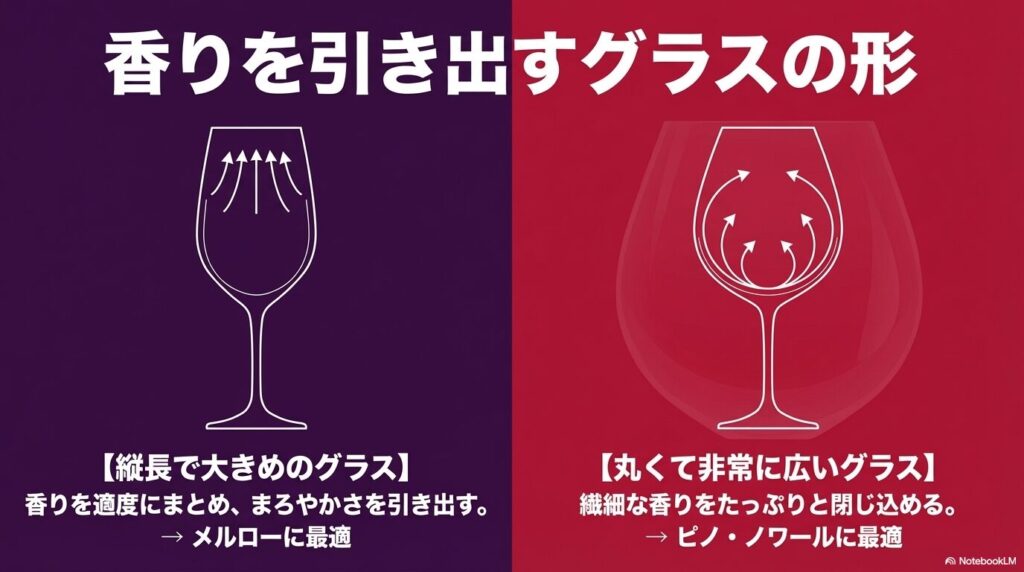 メルロー向けの縦長グラスとピノ・ノワール向けの丸く広いグラス