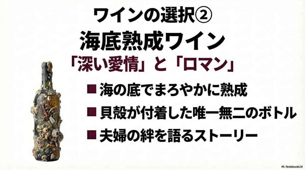 海の底でまろやかに熟成され貝殻が付着した唯一無二の海底熟成ワインボトル