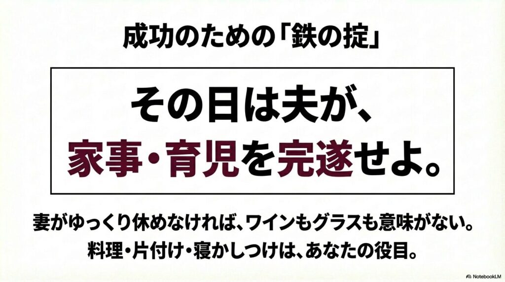 妻がゆっくり休めるように夫が料理や片付けなどの家事・育児を完遂するという鉄の掟