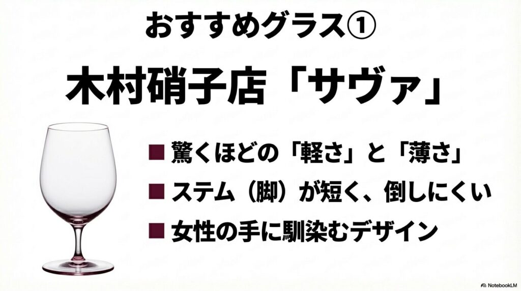 驚くほどの軽さと薄さでステムが短く女性の手に馴染む木村硝子店のグラス「サヴァ」