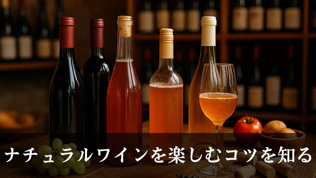 ワインショップの木製テーブルに並ぶ赤・オレンジ・白のナチュラルワインとグラス、葡萄やコルクが添えられた温かな店内の雰囲気の写真