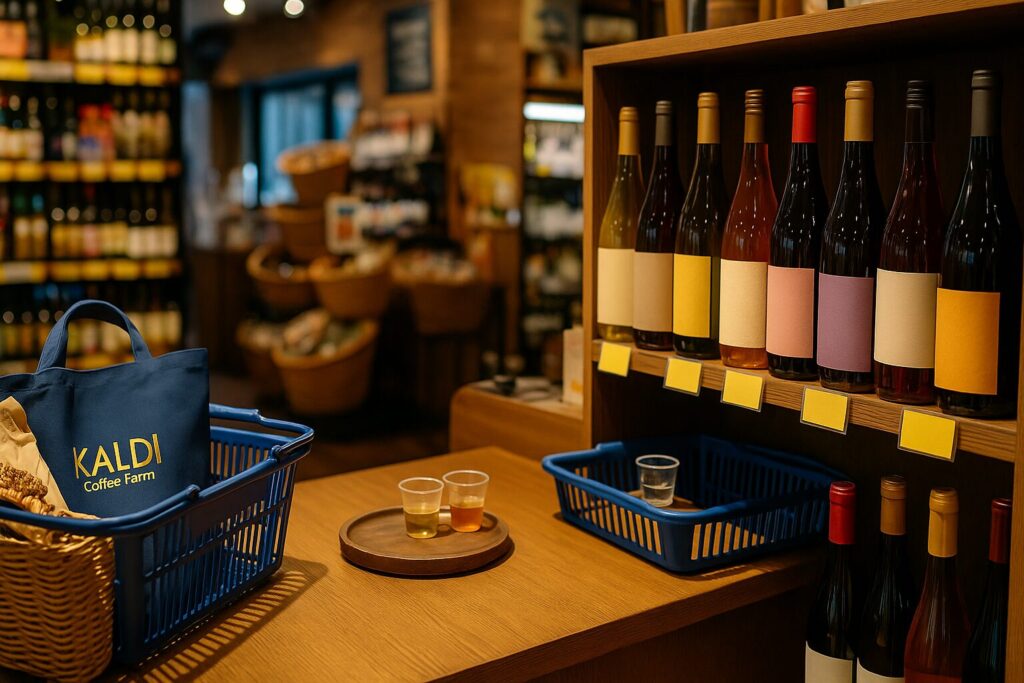 輸入食品店の店内で木製棚に並ぶナチュラルワインと試飲カップや買い物かごが置かれた16対9の写真