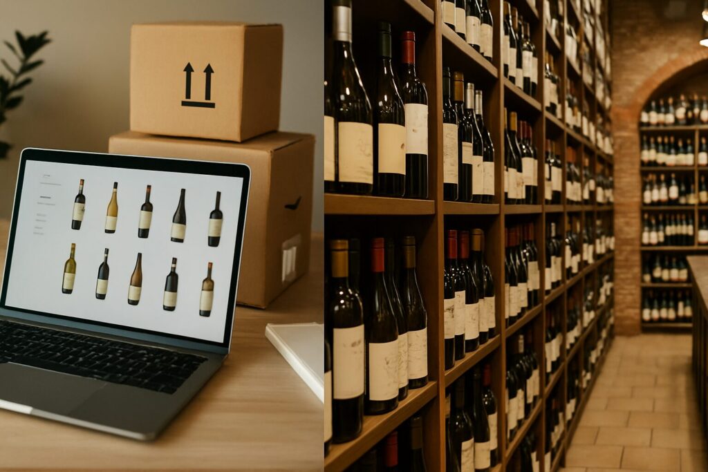 左にノートPCと配送箱でオンライン購入を示し右に木棚が並ぶワイン売り場を写した分割構図の16対9写真