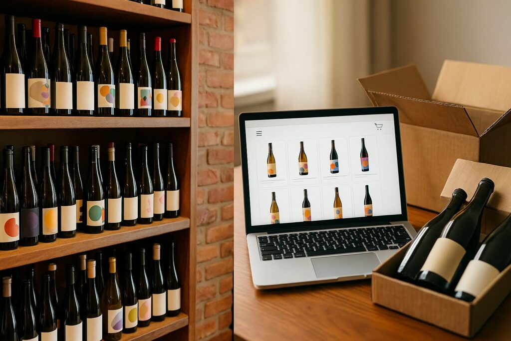 左に木棚のナチュラルワイン売り場、右に通販サイトを表示したノートPCと配送箱が並ぶ16対9の写真