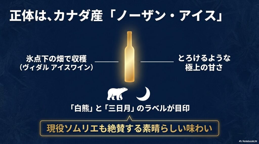 正体は、カナダ産「ノーザン・アイス」(ヴィダル アイスワイン)。氷点下の畑で収穫。とろけるような極上の甘さ。「白熊」と「三日月」のラベルが目印。現役ソムリエも絶賛する素晴らしい味わい。