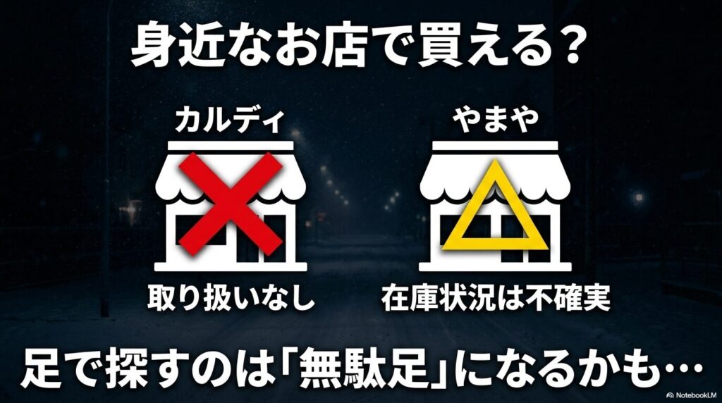 身近なお店で買える?カルディは取り扱いなし、やまやは在庫状況が不確実。足で探すのは「無駄足」になるかも・・・。