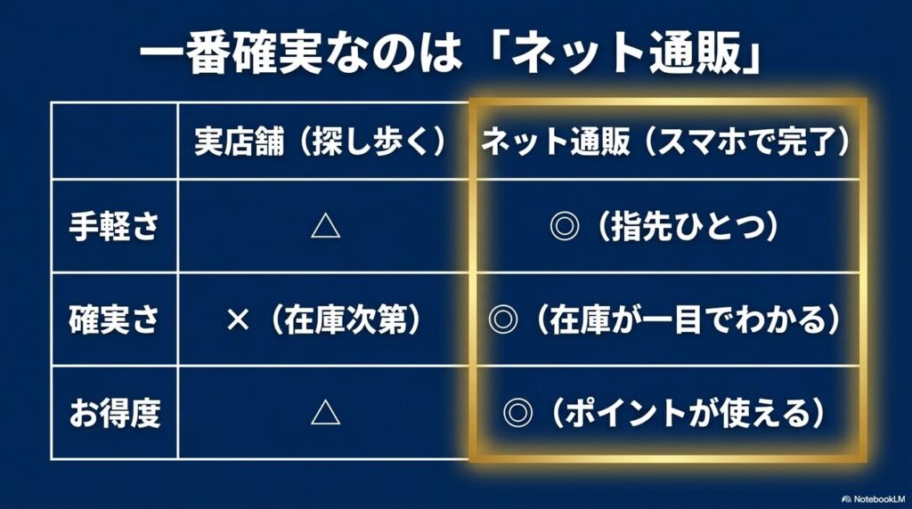 一番確実なのは「ネット通販」。実店舗(探し歩く)と比べ、ネット通販(スマホで完了)は手軽さ・確実さ・お得度で優れています。