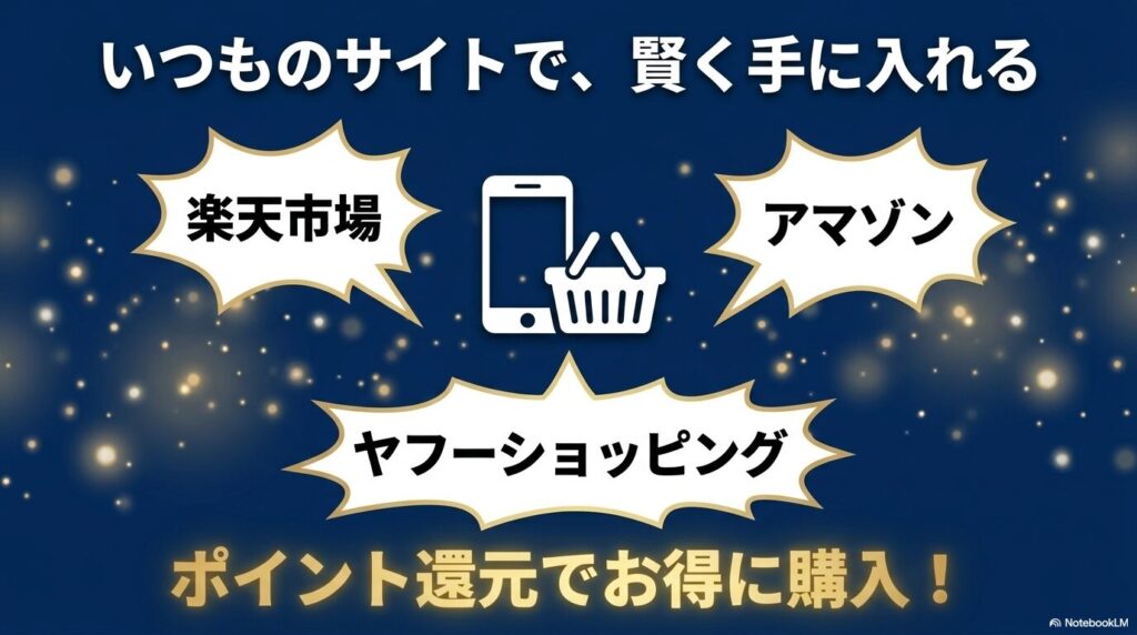 いつものサイトで、賢く手に入れる。楽天市場、アマゾン、ヤフーショッピング。ポイント還元でお得に購入!