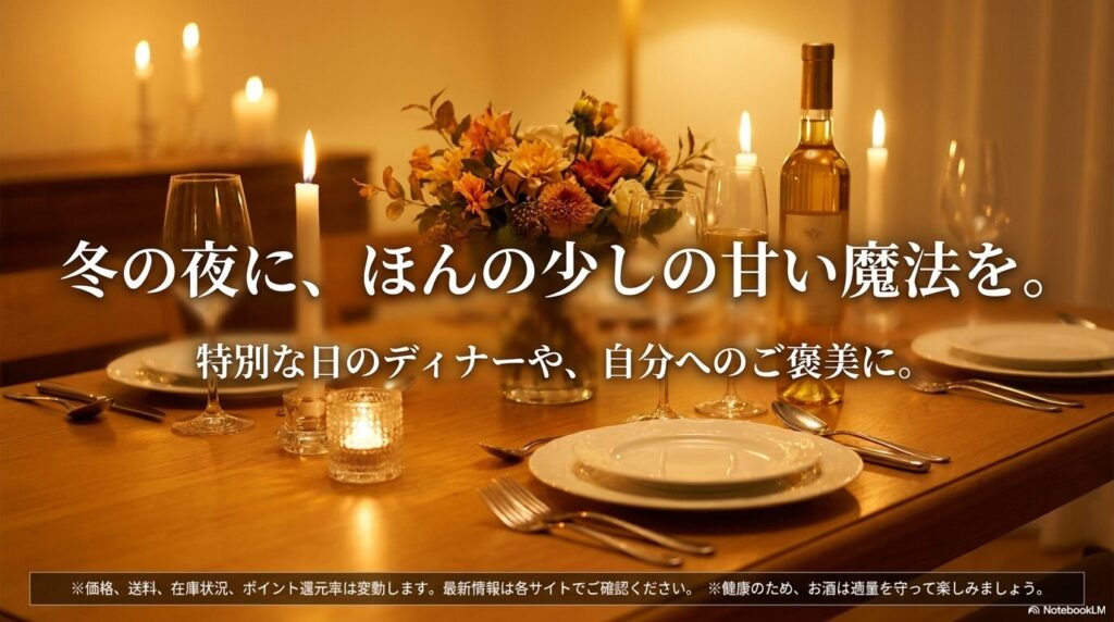 冬の夜に、ほんの少しの甘い魔法を。特別な日のディナーや、自分へのご褒美に。※価格、送料、在庫状況等は変動します。健康のため、お酒は適量を守って楽しみましょう。