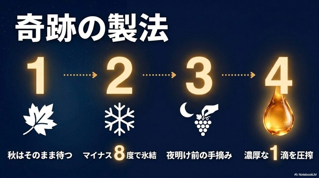 カナダ産アイスワインの奇跡の製法。秋はそのまま待ち、マイナス8度で氷結させ、夜明け前の手摘みで濃厚な1滴を圧搾する。