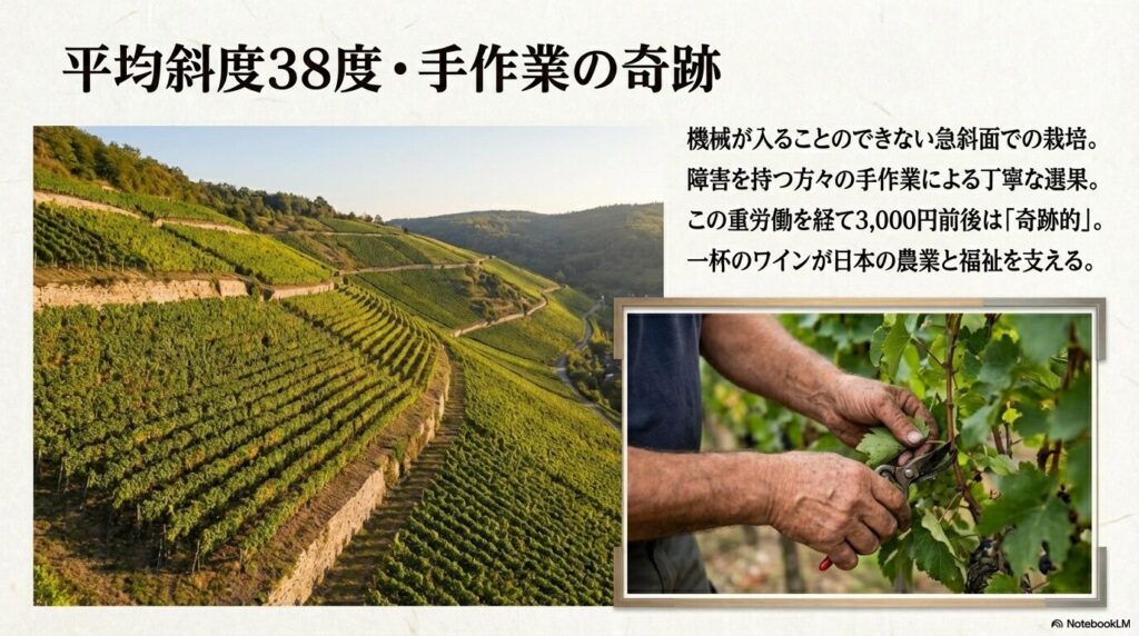 38度の急斜面での手作業栽培と福祉への貢献