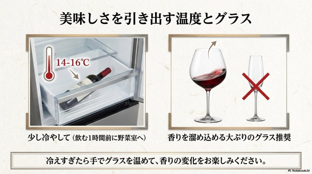 14-16°Cの温度管理と香りを溜める大ぶりグラス
