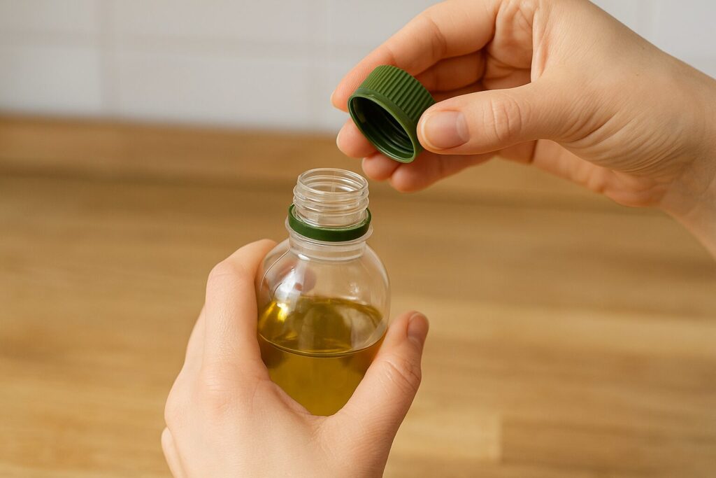 オリーブオイルのプラスチックボトルの蓋と残ったスクリュー部分がぴったり合う状態で、手が正しく蓋を外そうとしている